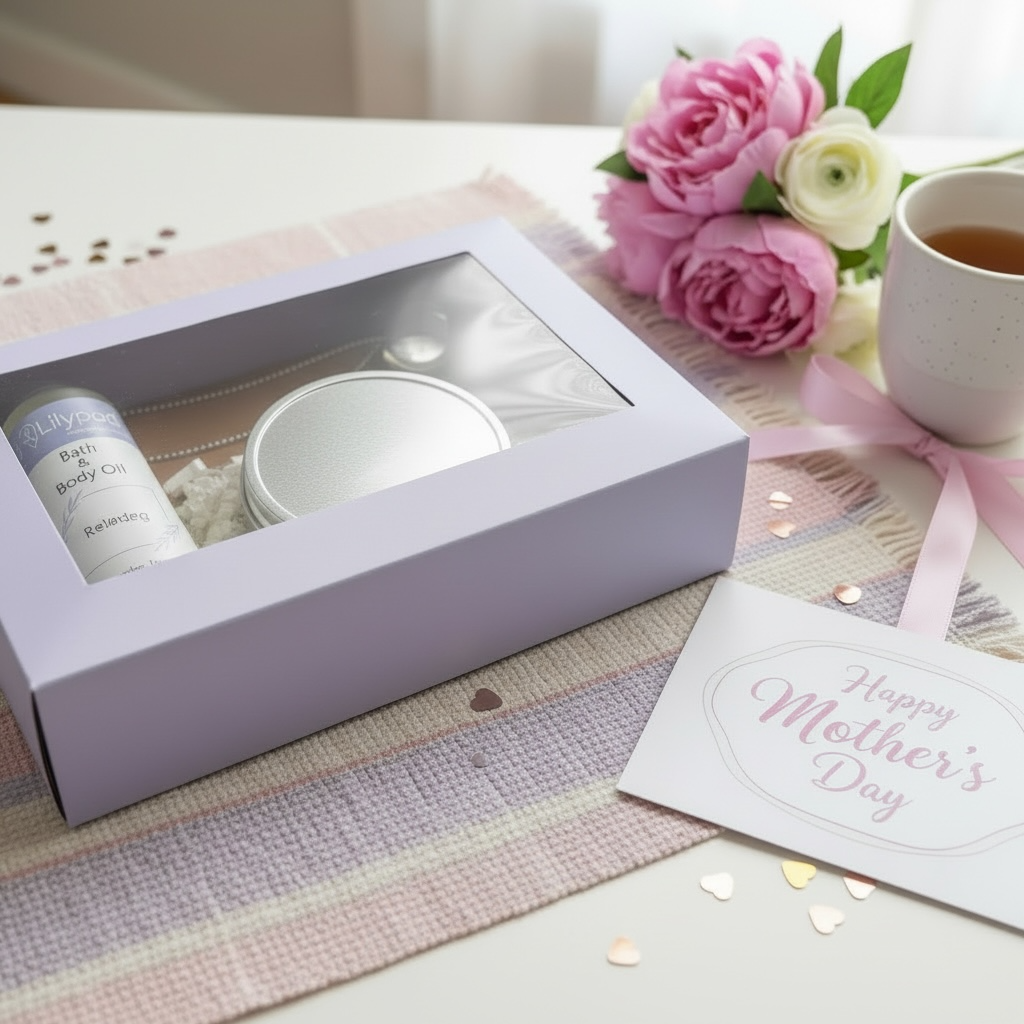 Mother's Day Gift Box with bath & body oil, aromatherapy necklace, essential oil, shower steamer. Gift Box, Hamper