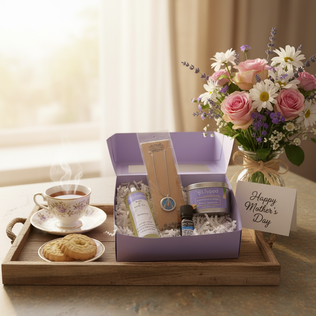 Mother's Day Gift Box with bath & body oil, aromatherapy necklace, essential oil, shower steamer.  Gift Box, Hamper